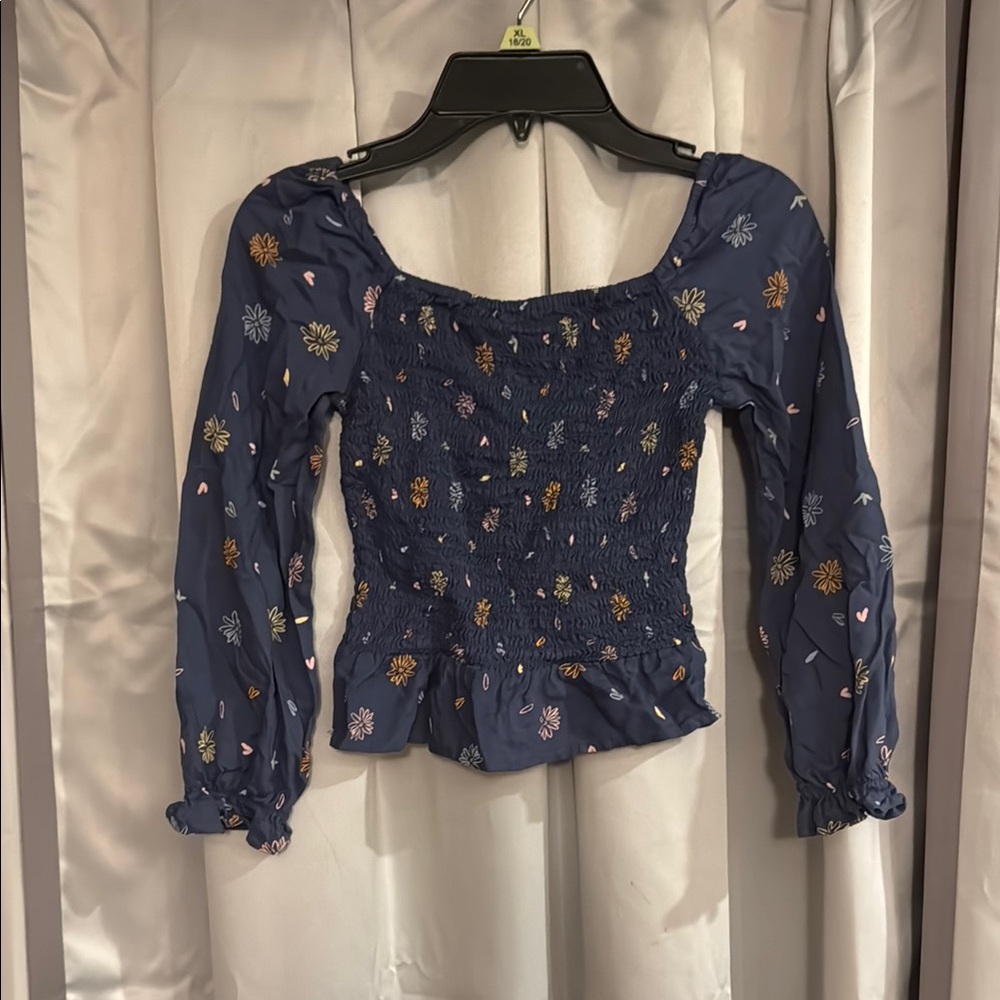 Blue Smocked Puff Sleeve Blouse with Ruffled Details
